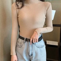 여성 반폴라 골지 슬림 긴팔니트