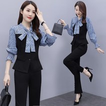 빅사이즈 리본 스카프넥 세미 정장 투피스 세트
