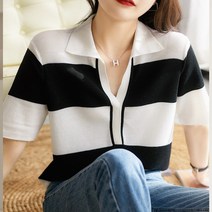 코카마니 여성 브이넥 카라 굵은 스트라이프 반팔 단가라 예쁜 니트