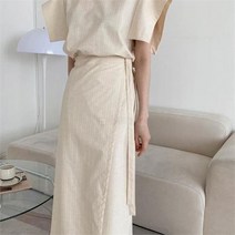 여자 봄여름 반팔 랩 린넨 롱 원피스