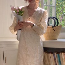 자수 봄 팔뚝커버 벌룬 퍼프소매 루즈핏 롱원피스 레이스 드레스