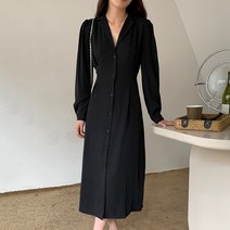 넷투넷코리아 여성 롱 원피스 브이넥 기본 셔츠형 심플 무지 하객룩