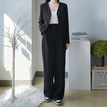 [캐주얼 수트/SET가] 노카라 크롭 자켓 밴딩 와이드 슬랙스 팬츠 셋업