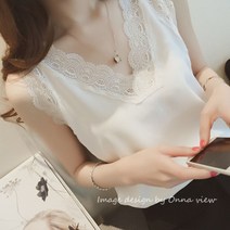 온나뷰 여성 레이스 나시 여성 민소매 브이넥 티셔츠