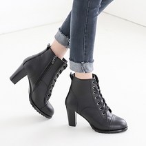 천연소가죽 레이스업 여성 하이힐 앵클 부츠 워커 7.5cm 2컬러
