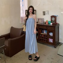 하늘색 블루 끈나시 롱 뷔스티에원피스 스퀘어넥 민소매 휴양지 냉장고원피스