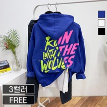 바이코드 HOO 겨울 오버핏 기모 런울프 형광 프린팅 후드티셔츠(3컬러)