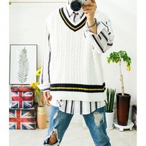 스쿨룩 남자 빅사이즈니트 베스트 꽈배기 브이넥 배색 니트조끼 오버핏