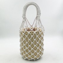 여성용 보헤미안 밀짚 메쉬 보헤미안 여름 해변 가방 수제 버킷 그물 등나무 니트 탑 핸들 토트 2 피스