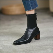 DFMEI 여성 슬림 부츠 스퀘어 뒤 지퍼 통굽 워커 힐