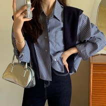 [#자체제작]래니 스트라이프 세미 크롭 셔츠