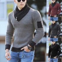 남자머슬핏니트 남성용 니트 넥워머 슬림 긴소매 목도리 카라, 짙은 회색