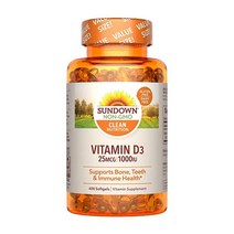 Sundown 비타민 D3 면역 지원용 GMO 프리 유제품 글루텐 인공 향료 없음 25mcg 1000IU 소프트젤 400개 미국직송 305016, 400 Count (Pack of 1)