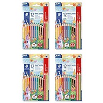 STAEDTLER 128 NC12P1 색연필 Noris jumbo 파괴 저항 증가 삼각형 모양 ABS 시스템 매력적인 별 엠보싱 12 가지 화려한 색상의 보너스 팩 및 샤프너, 4 조각