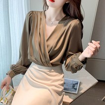 여성용 구김적은 브이넥 랩 긴팔 블라우스
