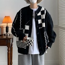 디자인감 배색 니트 가디건 라운드넥 앞단추 스웨터 상의 남성 캐주얼 소프트 외투