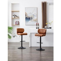 Urban Home Furniture Harvey 등받이가 낮은 조절 가능한 바 스툴 주방아일랜드용 회전 미디엄 브라운 인조 가죽 의자 2개 세트 주방 카운터용 빈티지