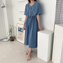 퍼니걸스 6357 데일리 브이넥 허리 스트링 반팔 롱 원피스 여성의류