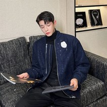 남자 트위드자켓 봄 가을 봄버자켓 블루종 코사지 장식
