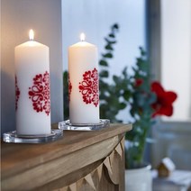 이케아 IKEA 크리스마스캔들 플로럴패턴 무향양초 기둥모양 북유럽 인테리어, 화이트/레드