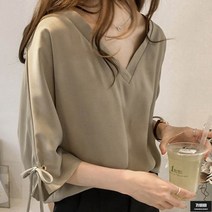 가바바 여성 빅사이즈 블라우스 브이넥 소매 리본 포인트 모던 베이직 칠부 여름 블라우스 G62094