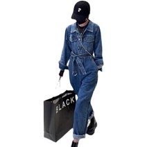 청점프수트 여성 빈티지 긴팔 일체형 원피스 허리끈