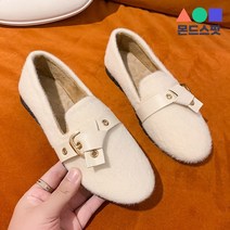몬드스팟 1.5cm 여성 앙고라 벨벳 버클 포인트 털 플랫 단화 로퍼 크림화이트(DM367)