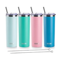 koodee 빨대 달린 591 5ml(20온스) 스키니 텀블러 스테인리스 스틸 이중벽 단열 슬림 여성 남성용 DIY 생일 선물 (퍼플) 미국직송, 4 Count (Pack of 1), 베이비 블루-핑크-스카이 블루-틸