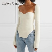 Twotwinstyle 화이트 사이드 니트 스웨터 스퀘어 칼라 긴팔 스웨터 가 ​​패션 새 옷