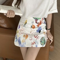 Hooozen 하이 웨이스트 슬림 A라인 그래피티 프린팅 미니스커트