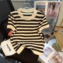 DFMEI 아이스 스트라이프 반팔 티셔츠 여하 얇은 디자인 숏 니트 상의 ins