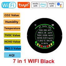 공기질측정기 Tuya-Wifi 7 인 1 대기질 측정기 PM2.5 CO2 TVOC HCHO AQI 온도 습도 테스터 컬러 디스플레이, [01] 7 in 1 Wifi Black R