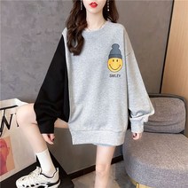 [하나비] 임폴티렌 여성 가을 라운드넥 소매 배색 옆트임 스마일 시보리 루즈핏 스판 스타일리쉬 캐주얼 맨투맨