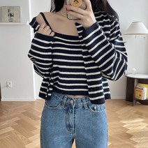 스트라이프 크롭 니트가디건 나시세트