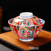 시크라이프 일본식 돈부리 텐동그릇 + 뚜껑 세트 덮밥 도자기그릇 가정용 업소용 일본그릇, 1세트, 레드플라워