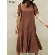 휴양지원피스 패션 여성 퍼프 슬리브 Sundress ZANZEA 여름 솔리드 미디 드레스 캐주얼 롱 Vestidos O 넥 로브 오버사이즈