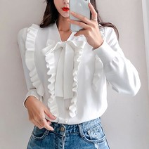 나바바 NK380 여성 단색 프릴 리본넥 니트