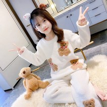 colorful gourd여아 극세사 포근한 파자마 수면 잠옷 상하의 세트, 베이지
