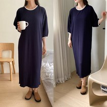 퍼니걸스 6821 라운드 배색 주름 플리츠 소매 퍼프 긴팔 롱 원피스 여성의류