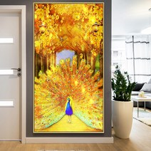 HAENGBUK 황금 공작새와 금전수 부자되는 대형 큰 보석십자수 비즈 구슬 큐빅 공예, 하나, 90X165cm