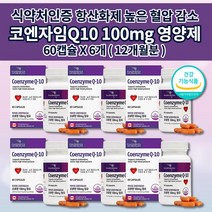 코엔자임 Q10 큐텐 코큐텐 100mg 식약처인증 혈압 낮추는 보조제 관리 조절 심장 신장 간 세포 효소 미토콘드리아 활성산소 제거 항산화 에 좋은 건강 기능 식품 영양제 60캡슐, 6개