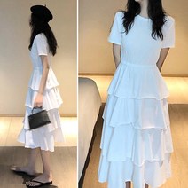 리틀깽스 데일리 여름휴가패션 케주얼 여름 반팔 코튼 컷팅 면 4단 캉캉 롱원피스