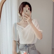지9차이나 브이넥 퍼프 반팔 오프숄더 블라우스