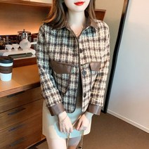 유럽풍 트위드 코트 여성 가을 새로운 PU 가죽 패널 짧은 재킷 탑