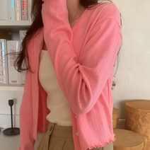 3colors 아일렛 펀칭 여성 긴팔 코튼 얇은 면 핑크 오트밀 크롭 물결 프릴 가디건