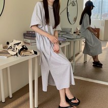 루즈핏 롱 반팔 트임 원피스 면 여성 여름 티셔츠