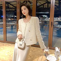 봄 가을 여성 펄 트위드 자켓 간절기 코디 결혼식 복장 올드머니룩 더블단추 노카라 직장인