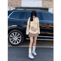 빈티지 데미지 니트 루즈핏 그물 여성 긴팔 베이지 헤짐 라운드