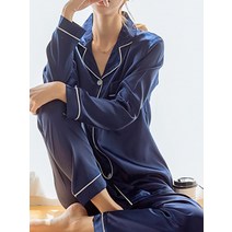 여성 라운지웨어 라펠 긴팔 셔츠 탑 실키 팬츠 잠옷