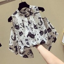 200근 뚱뚱한 여름 반팔 오프숄더 어깨트임 상의 플라워 쉬폰 인싸템 쇼트